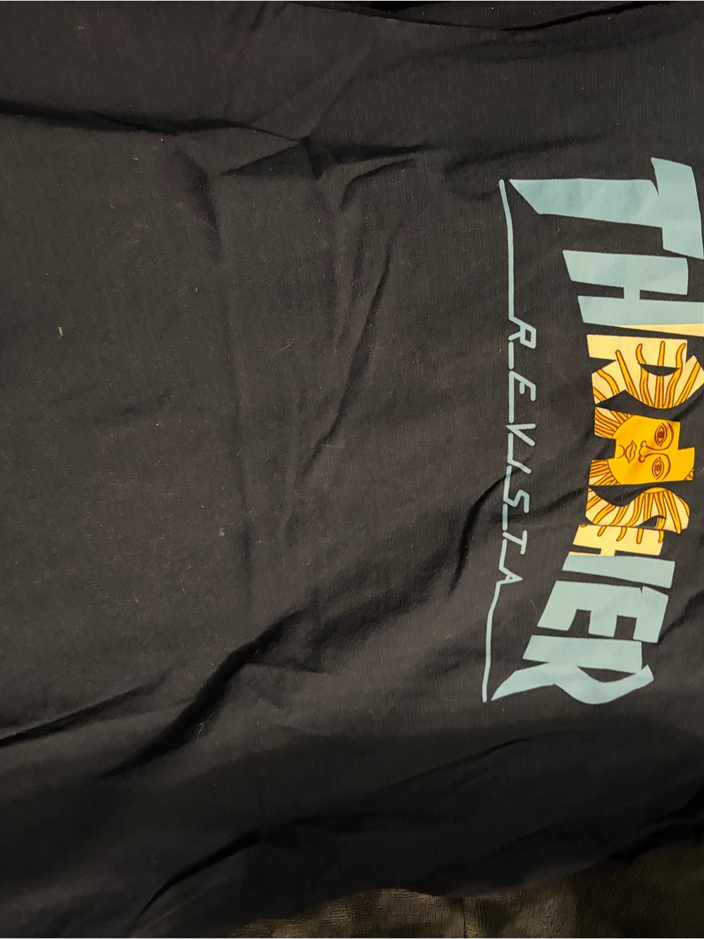 Thrasher Black Tee with Yellow and Light Blue Graphic